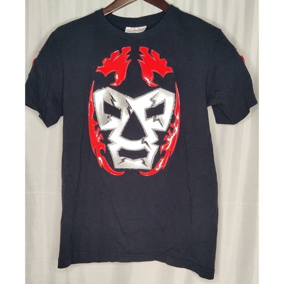 Mexican Luchador Mask Tee Wrestling Patent Leather Tie Back Fighter T-shirt M - Picture 1 of 7